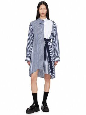 Sacai Striped Poplin Asymmetric Belted Shirt Dress Navy Size 1 S